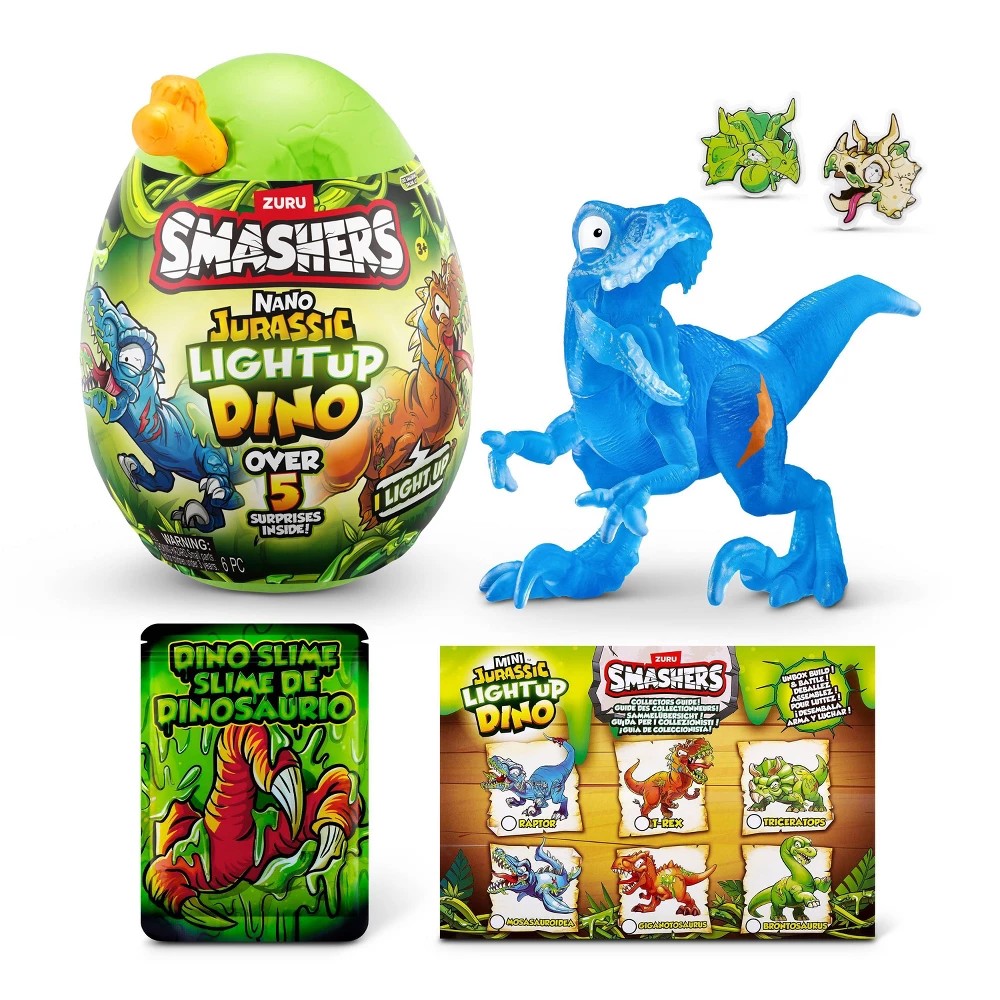Smashers Nano Jurassic Light Up Dino Egg - Glow-in-the-Dark Mini Dinosaur with Slime, Stickers, and 5+ Surprises - Assorted