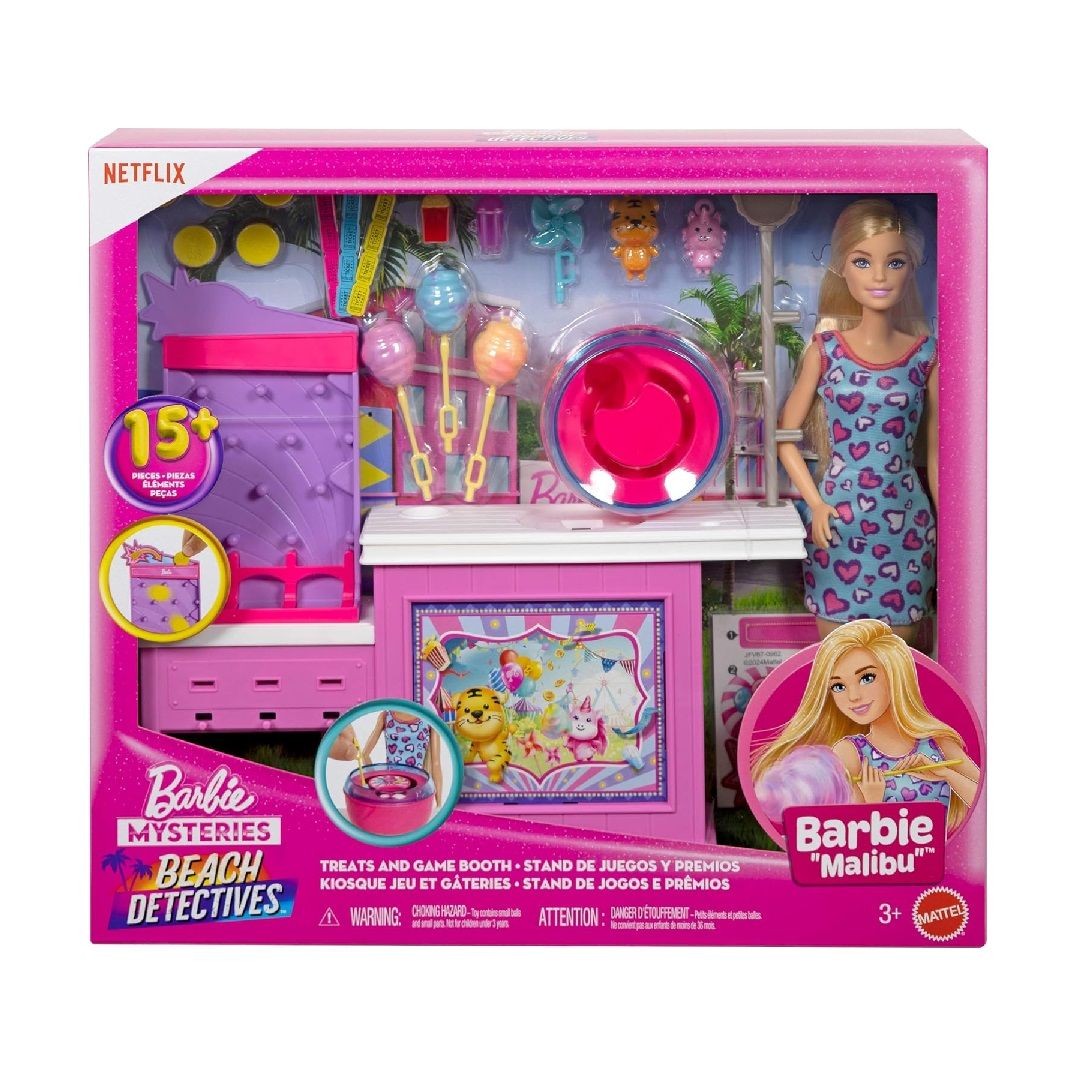 Barbie Mysteries Beach Detectives Malibu Doll & Cotton Candy Game Booth Playset With 20 Accessories