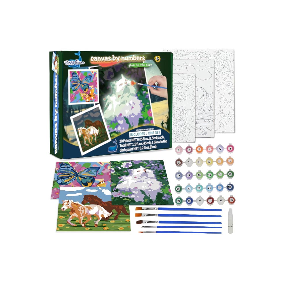 Paint-by-Numbers for Kids Ages 8-12 - Acrylic Paint Set, Paint by Numbers, Glow in The Dark, DIY Craft, Include 3 Canvas Framed with 30 Pots, 5 Brushes, Horse Paint by Number, Wooden Crafts to Paint