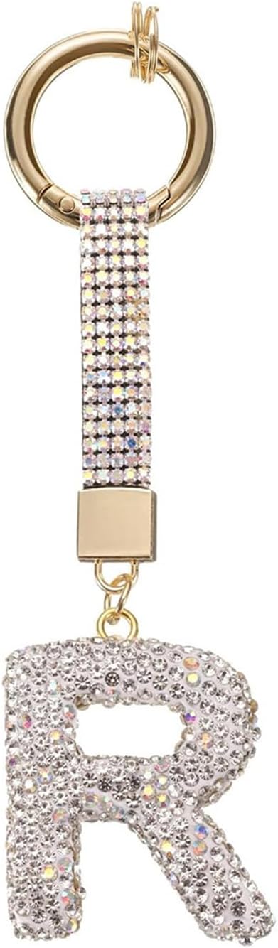 White Rhinestone Letter R Keychain