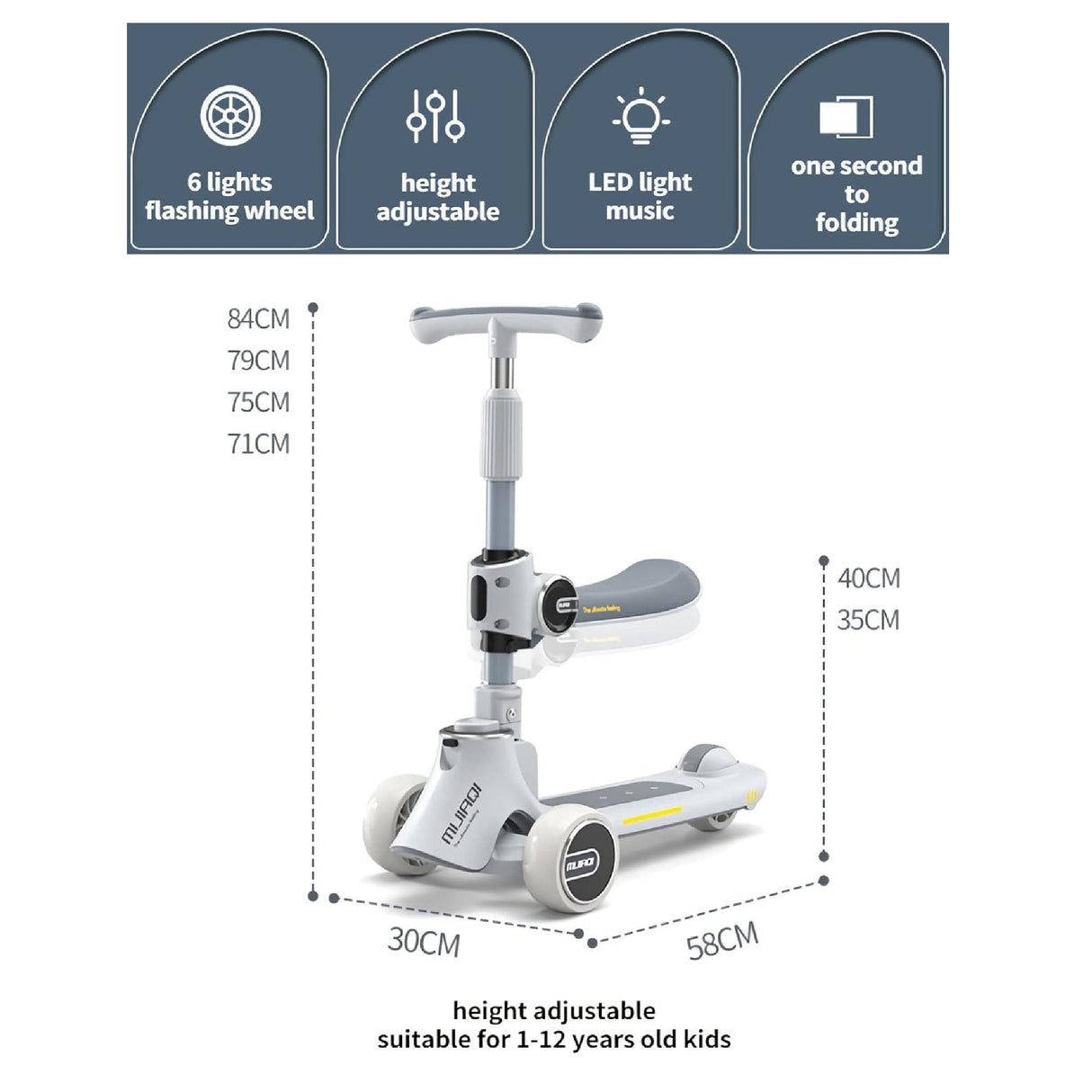 GStorm 5in1 Scooter for Kids - Wheel LED Lights, Adjustable Lean-to-Steer Handlebar, and Foldable Seat
