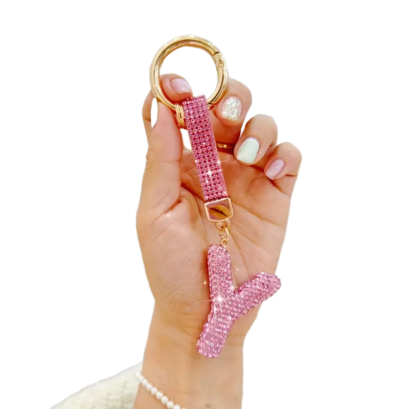 Pink Rhinestone Letter Y Keychain