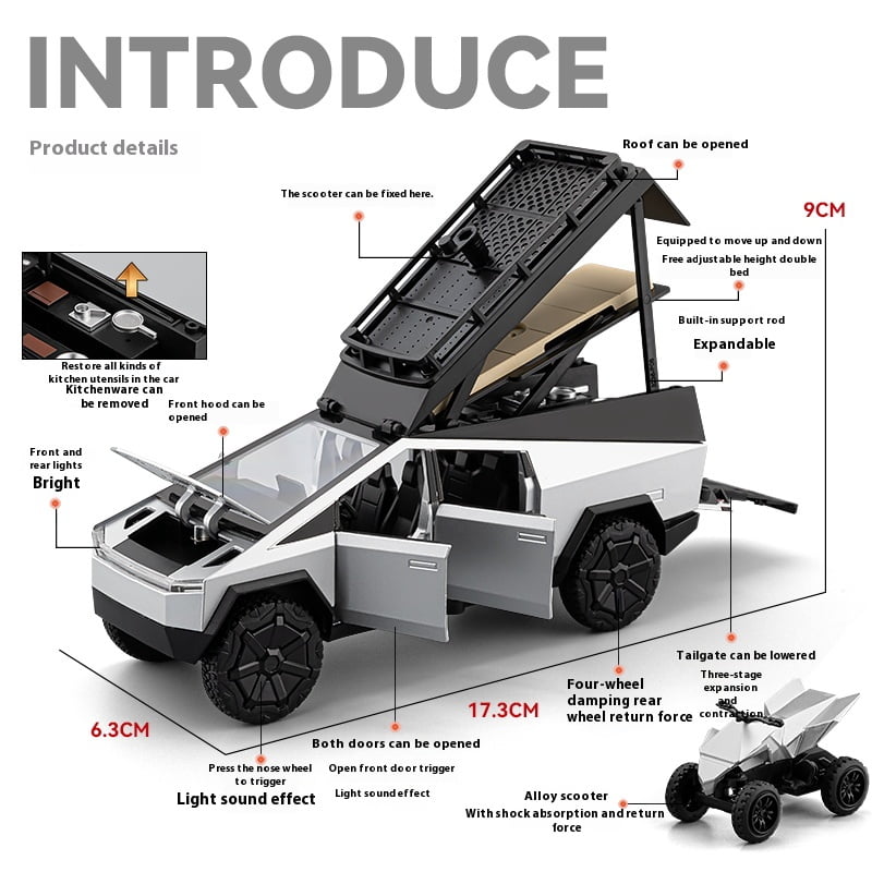 Tesla Cybertruck Model 1:32 with Roof Rack & Quad Bike