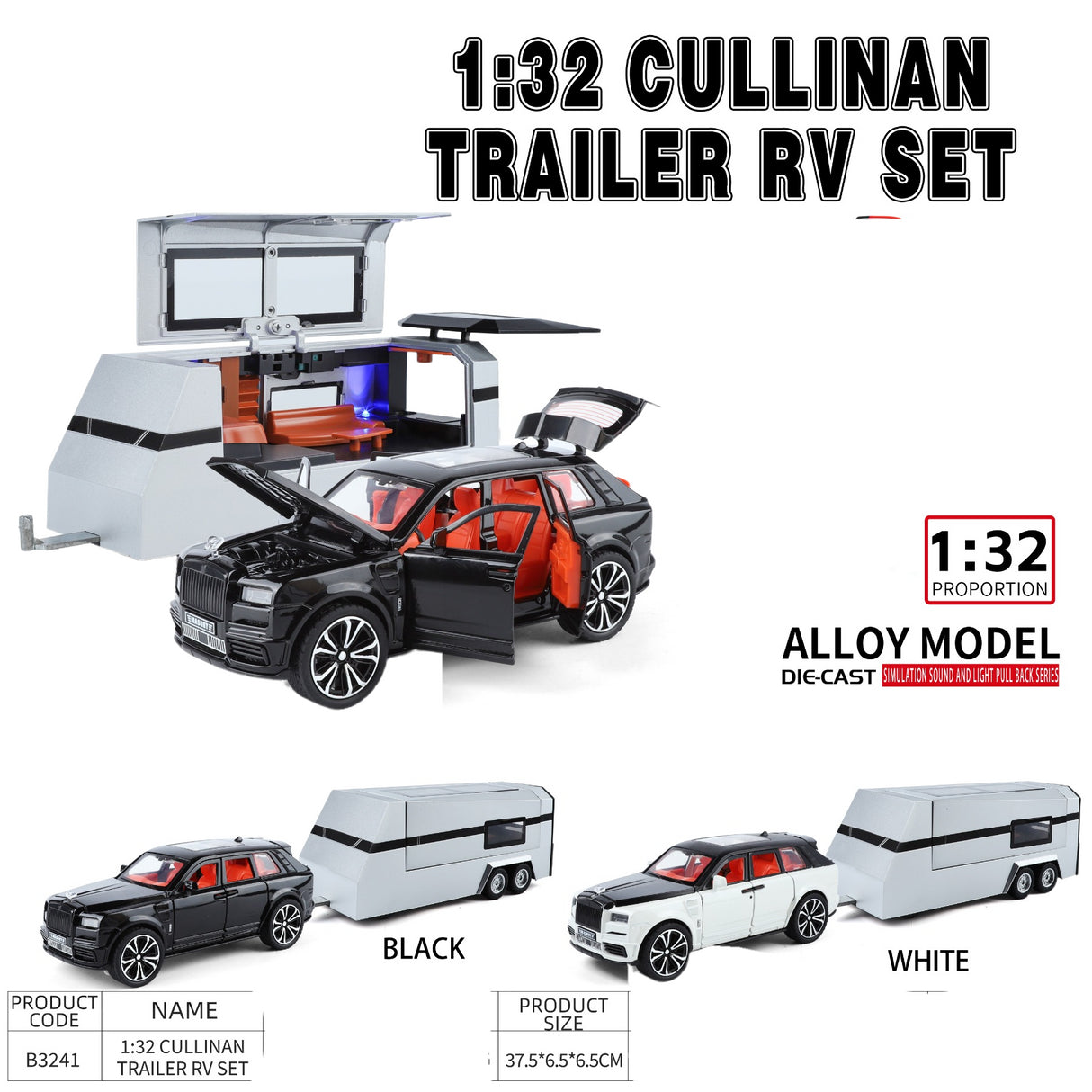Rolls-Royce Cullinan + Trailer 1:32 (Assorted colors, sold as single)