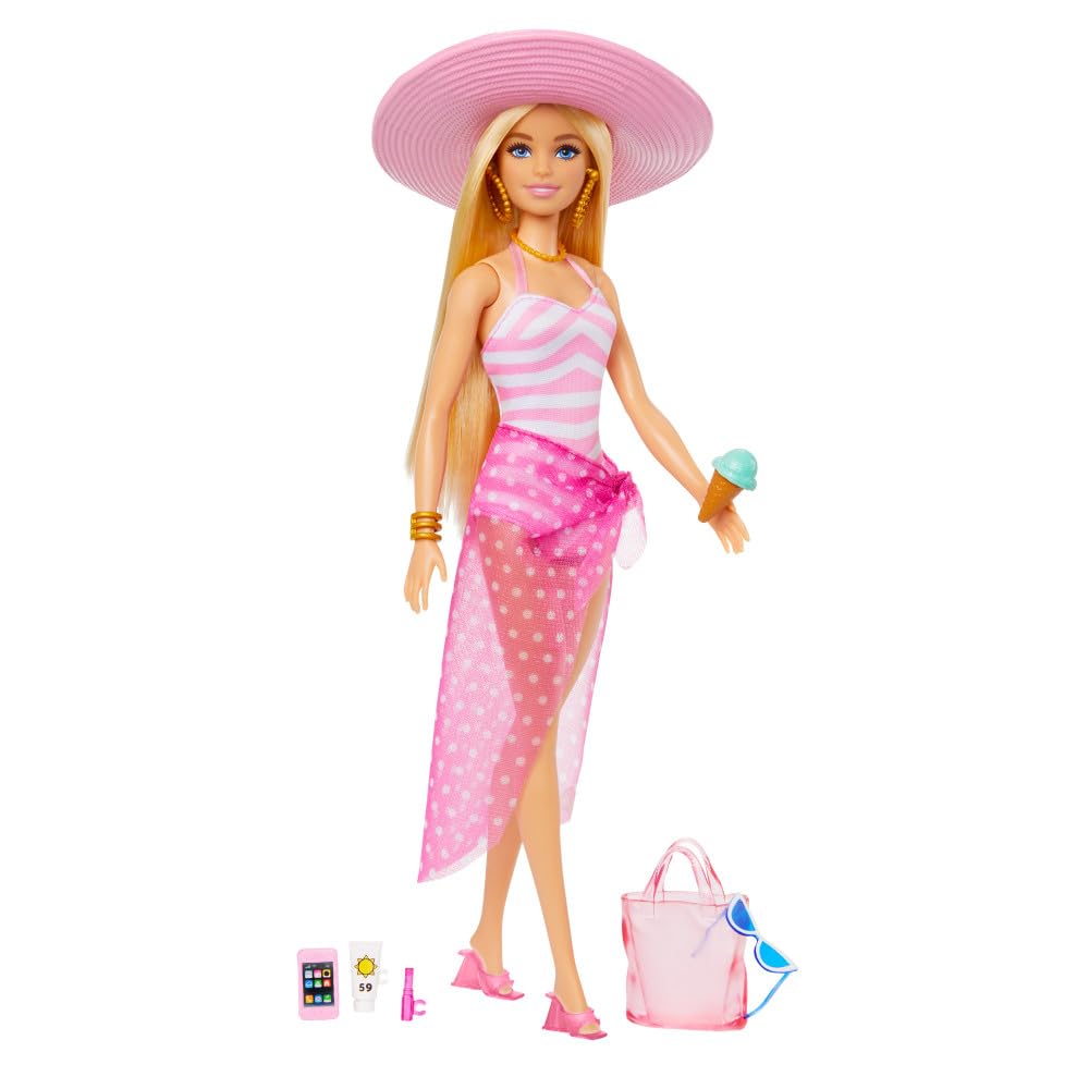 Barbie Blonde Doll with Pink and White Swimsuit, Sun Hat, Tote Bag and Beach