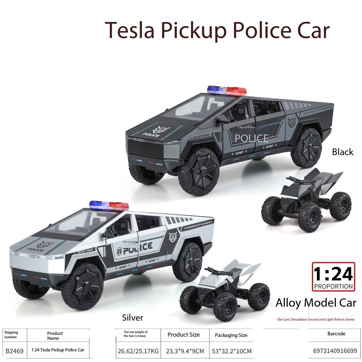 Tesla Cybertruck Police + Quad 1:24 (Assorted colors, sold as single)