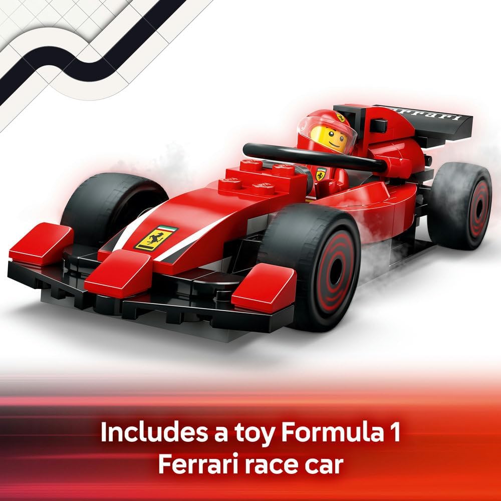LEGO City F1 Pit Stop & Pit Crew with Ferrari Car Toy - Formula 1 Set incl. a Driver Minifigure, 4 Mechanics, Spare Tyres & Wheel Guns