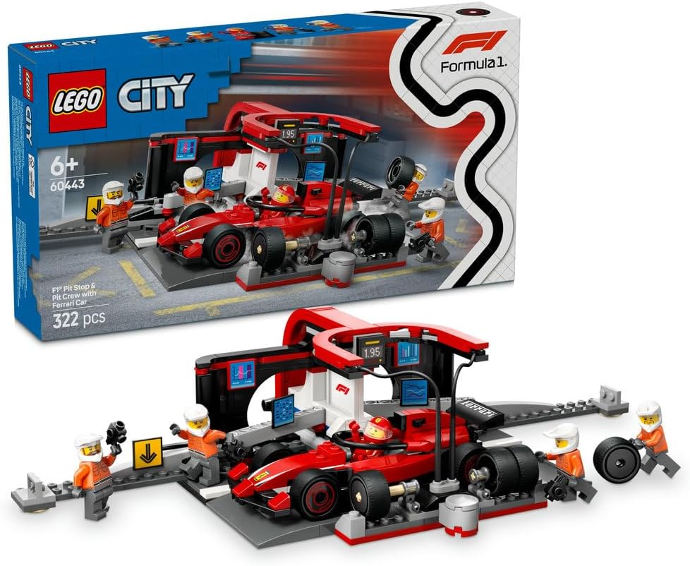 LEGO City F1 Pit Stop & Pit Crew with Ferrari Car Toy - Formula 1 Set incl. a Driver Minifigure, 4 Mechanics, Spare Tyres & Wheel Guns