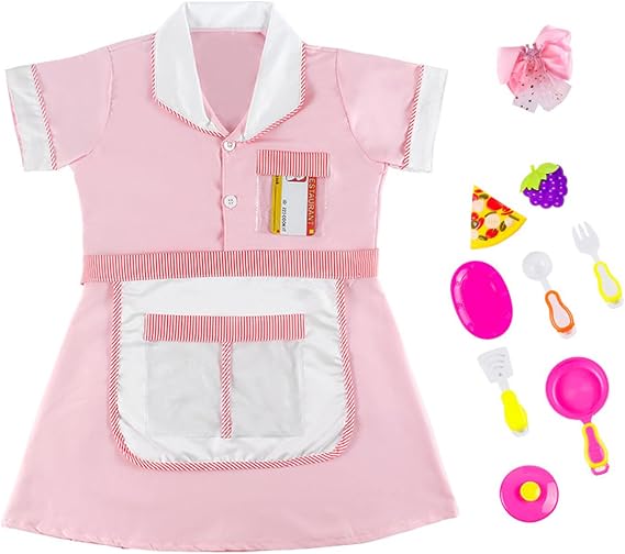 Chef costume for kids ages 3 to 8 and adults with chef hat, apron, and cooking tools for role play