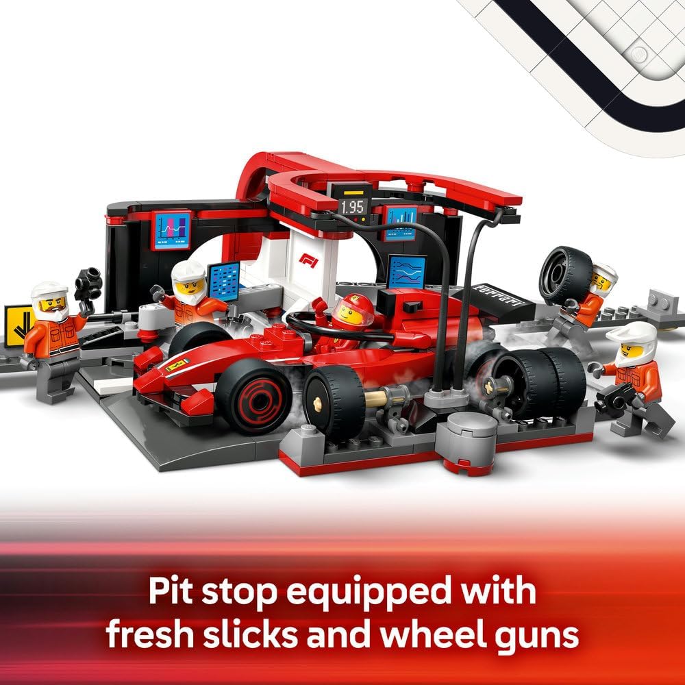 LEGO City F1 Pit Stop & Pit Crew with Ferrari Car Toy - Formula 1 Set incl. a Driver Minifigure, 4 Mechanics, Spare Tyres & Wheel Guns