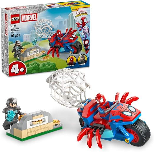 LEGO Marvel Spidey on his Motorcycle vs. Rhino 11206 building kit with 61 pieces, Spidey and Rhino minifigures, and spider-shaped motorcycle