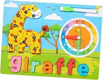 Giraffe Wooden Jigsaw Puzzle Toy with Clock – Educational Learning Toy for Kids