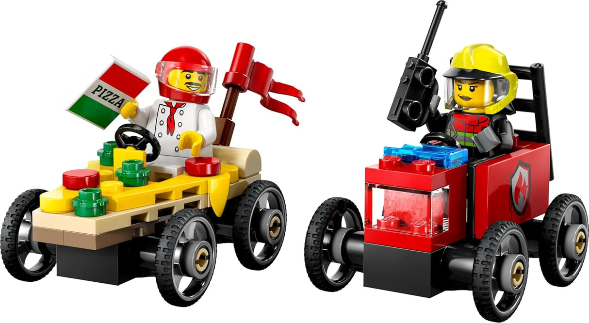 LEGO City Pizza vs. Fire Truck Race Car Pack Toy - Soapbox Car Toys for 5+ Year Old Boys & Girls - Fun Holiday or Birthday Gifts - Vehicle Set Includes 2 Minifigures - 60458