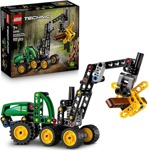 LEGO Technic John Deere 1470H Wheeled Harvester 42218 building kit with rotating boom, working claw, and authentic green and yellow colors