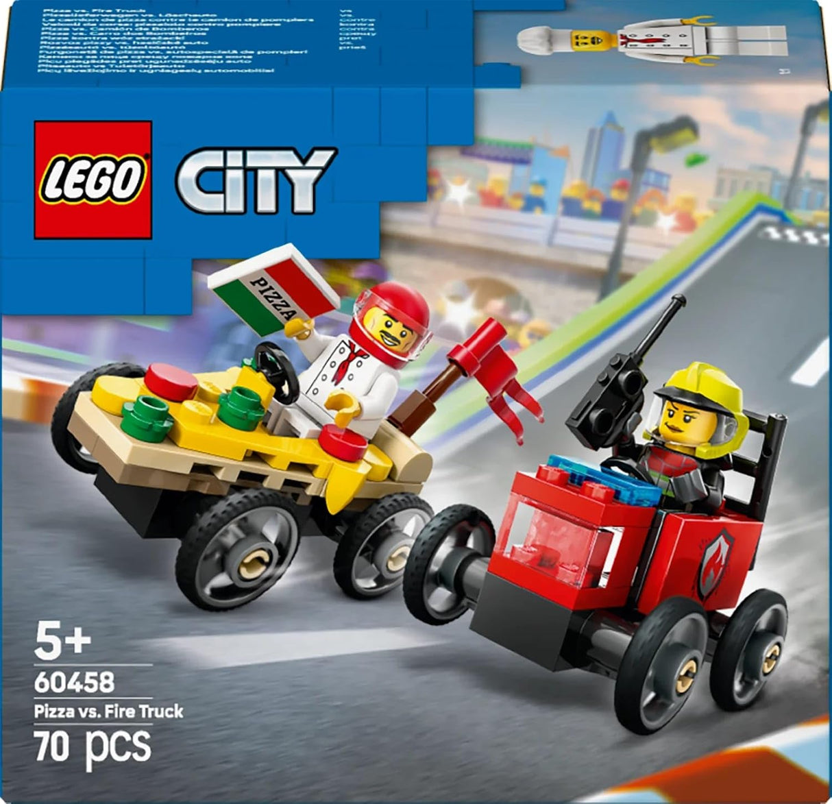LEGO City Pizza vs. Fire Truck Race Car Pack Toy - Soapbox Car Toys for 5+ Year Old Boys & Girls - Fun Holiday or Birthday Gifts - Vehicle Set Includes 2 Minifigures - 60458