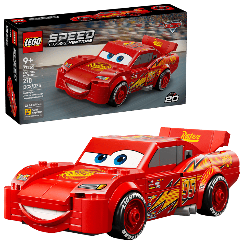 LEGO Speed Champions Lightning McQueen 77255 building kit with 270 pieces, authentic movie details, and detailed undercarriage.
