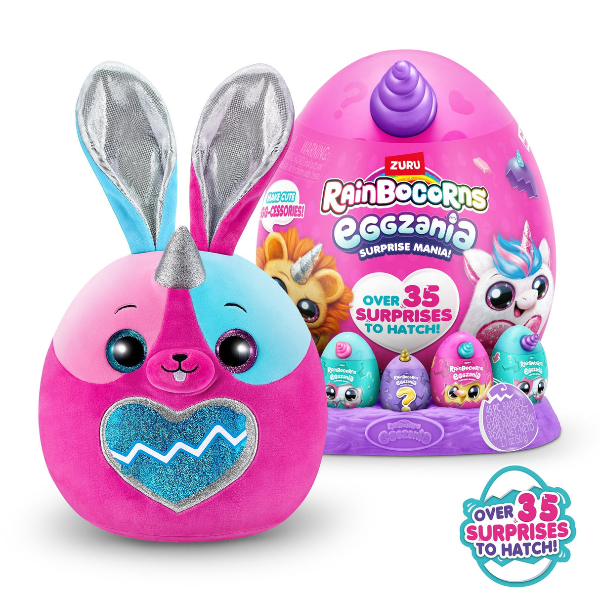 Rainbocorns Eggzania Surprise Mania - Squishy Plush Animal Egg with 20+ Surprises, Yolkies, Slime, and Wearable Accessories - Assorted (Bunny)