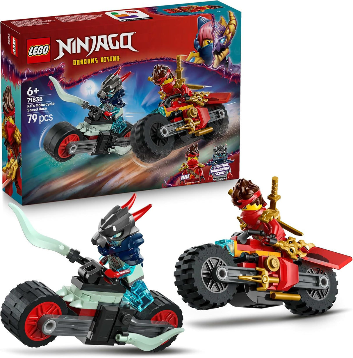 LEGO NINJAGO Kai’s Motorcycle Speed Race Set - 2 Ninja Motorbike Toys with Spinning Wheels plus 2 Minifigures with Weapon Accessories - Gift for 6+ Year Old Boys & Dragons Rising Fans - 71838