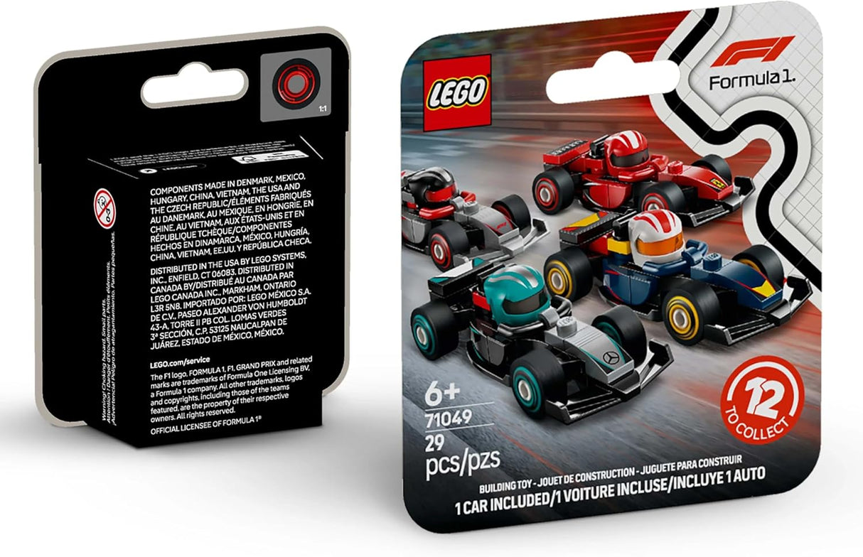 LEGO Minifigures F1 Collectible Race Cars Toys - Get 1 of 12 Mini Car Models with Drivers Helmets & Moving Wheels - Formula 1 Teams incl. Ferrari, Mercedes, McLaren, Red Bull - Mystery Box - 71049