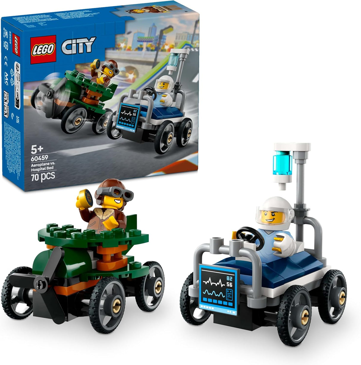 LEGO City Aeroplane vs. Hospital Bed Race Car Pack Toy - Soapbox Car Toys for 5+ Year Old Boys & Girls - Fun Gifts for Birthdays & Holidays - Building Set Includes 2 Minifigures - 60459