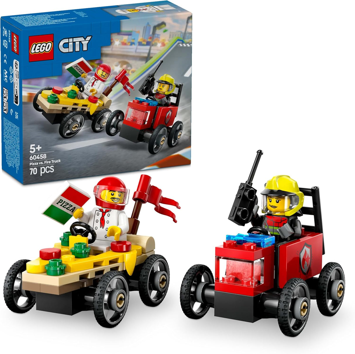 LEGO City Pizza vs. Fire Truck Race Car Pack Toy - Soapbox Car Toys for 5+ Year Old Boys & Girls - Fun Holiday or Birthday Gifts - Vehicle Set Includes 2 Minifigures - 60458