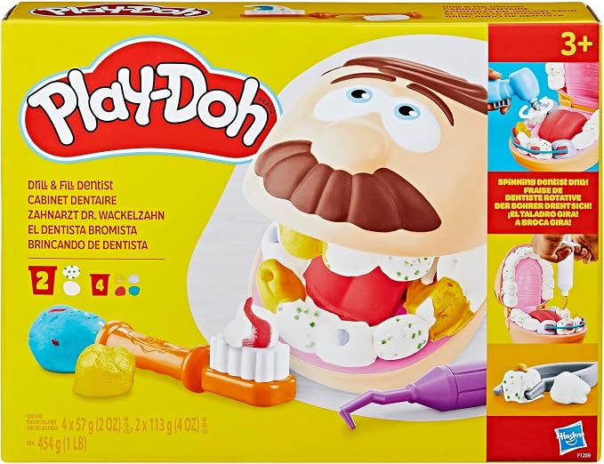 Play-Doh Drill 'n Fill Dentist Toy for Kids 3 Years and Up with 8 Modeling Compound Cans, Non-Toxic, Assorted Colors