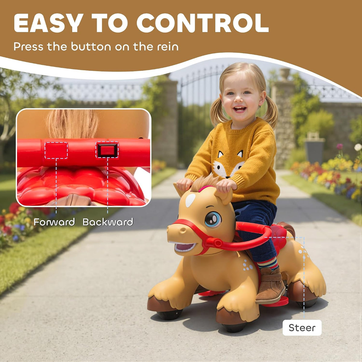 Qaba 12V Battery-Powered Ride-On Horse – Brown, Ages 1.5–3 Years