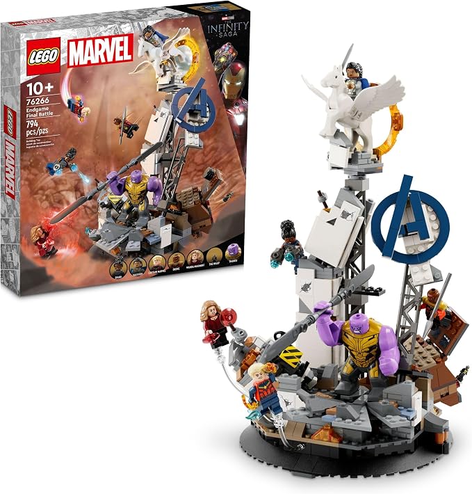 LEGO Marvel Endgame Final Battle 76266 building kit with 794 pieces, Thanos big figure, and 360-degree Avengers battleground.