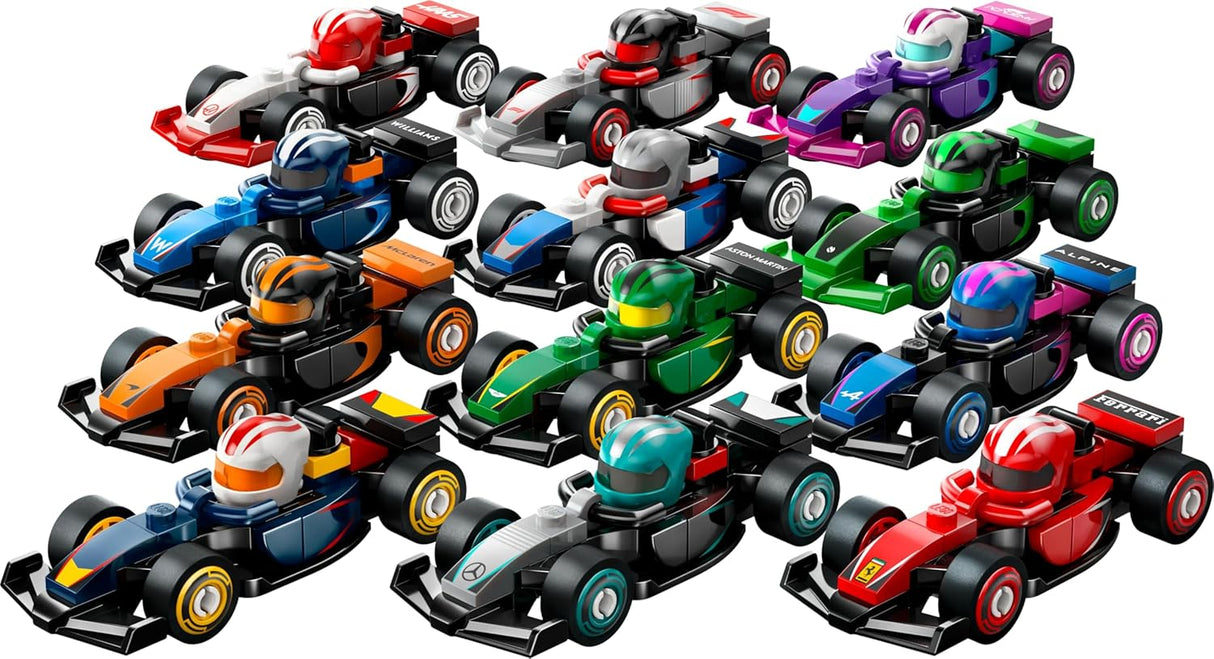LEGO Minifigures F1 Collectible Race Cars Toys - Get 1 of 12 Mini Car Models with Drivers Helmets & Moving Wheels - Formula 1 Teams incl. Ferrari, Mercedes, McLaren, Red Bull - Mystery Box - 71049