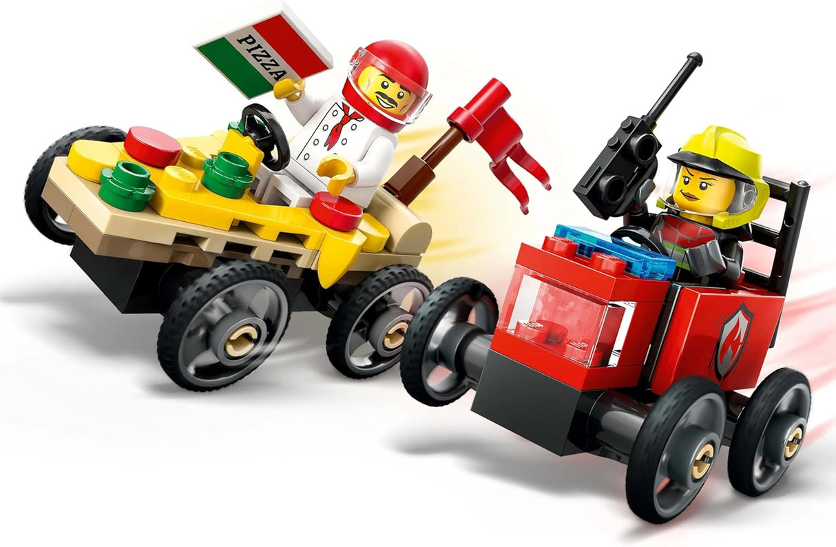 LEGO City Pizza vs. Fire Truck Race Car Pack Toy - Soapbox Car Toys for 5+ Year Old Boys & Girls - Fun Holiday or Birthday Gifts - Vehicle Set Includes 2 Minifigures - 60458