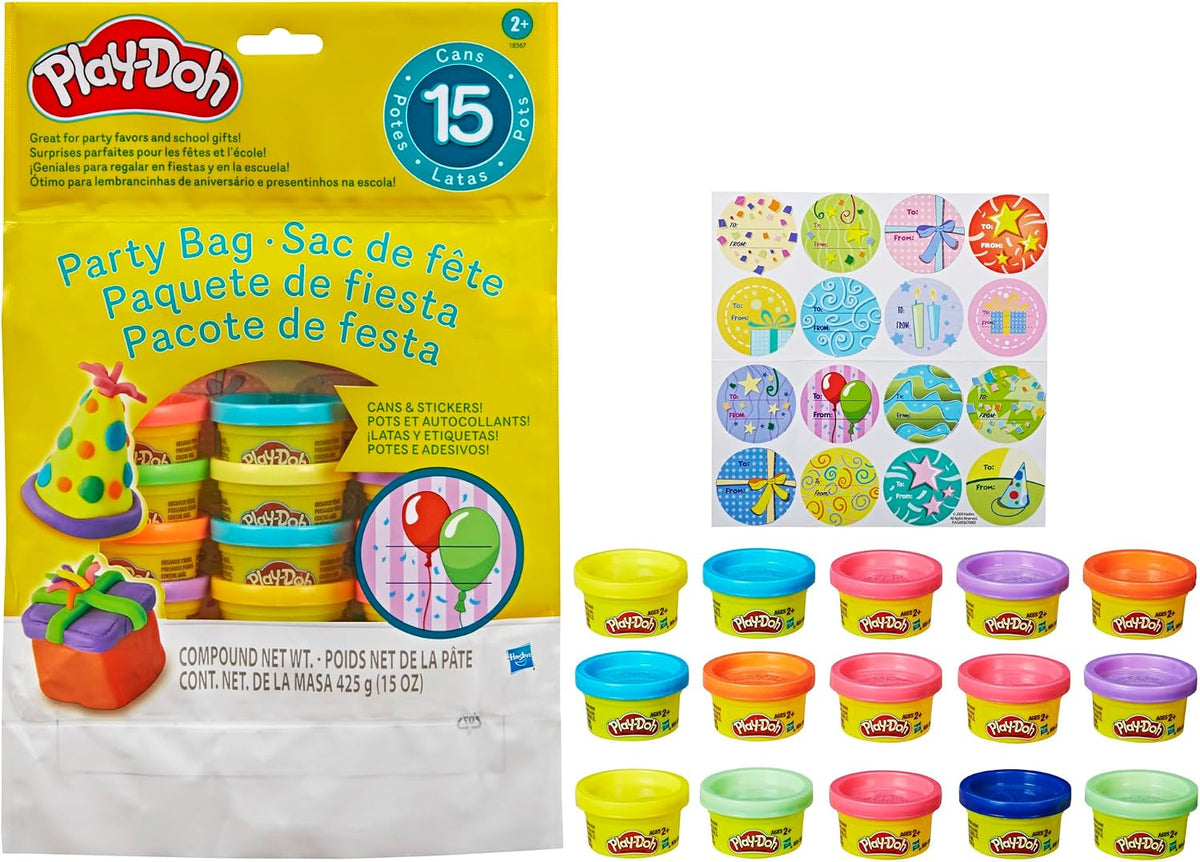 Play-Doh Party Bag with 15 mini 1-ounce cans in assorted colors and gift tag stickers for party favors