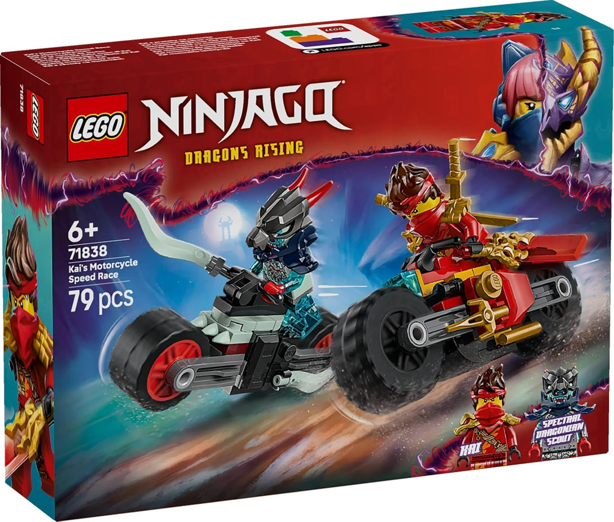 LEGO NINJAGO Kai’s Motorcycle Speed Race Set - 2 Ninja Motorbike Toys with Spinning Wheels plus 2 Minifigures with Weapon Accessories - Gift for 6+ Year Old Boys & Dragons Rising Fans - 71838