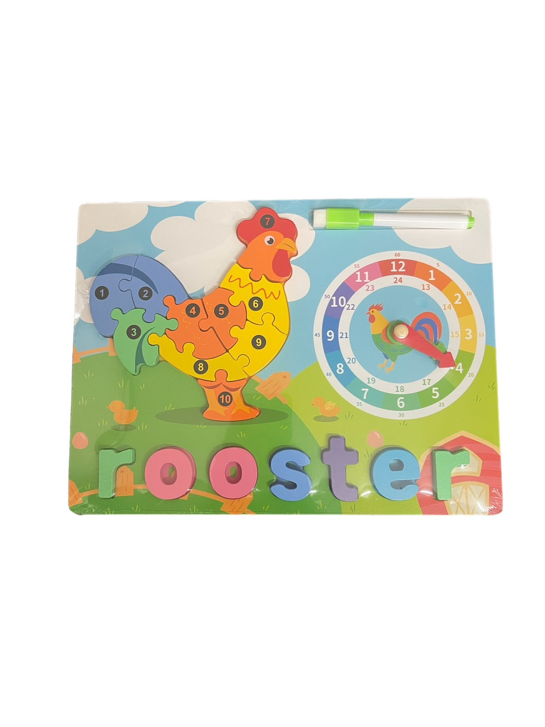 Rooster Wooden Jigsaw Puzzle Toy with Clock – Educational Learning Toy for Kids