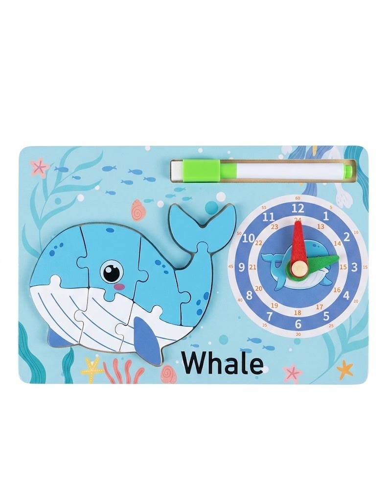 Whale Small Wooden Jigsaw Puzzle Toy with Clock