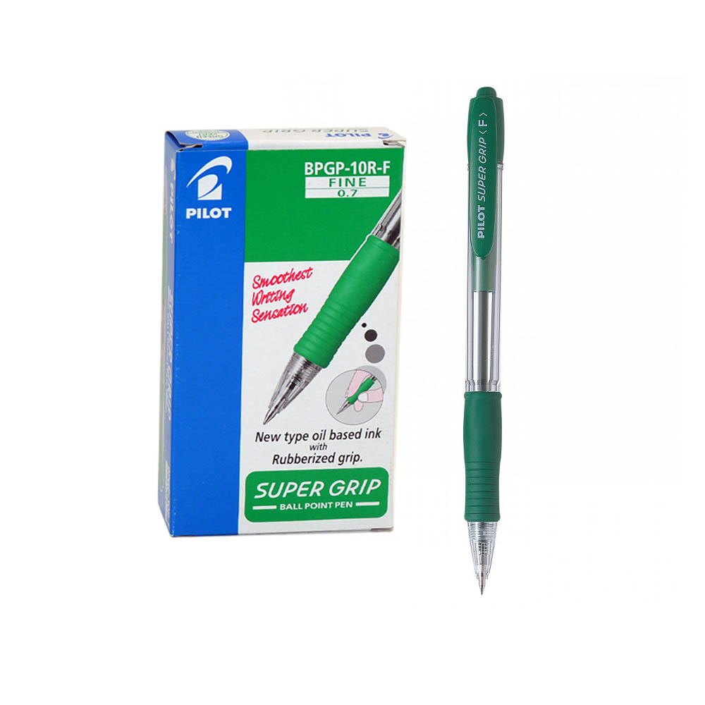 Pilot Super Grip Ball Pen 0.7mm – Green Ink, Comfortable Writing