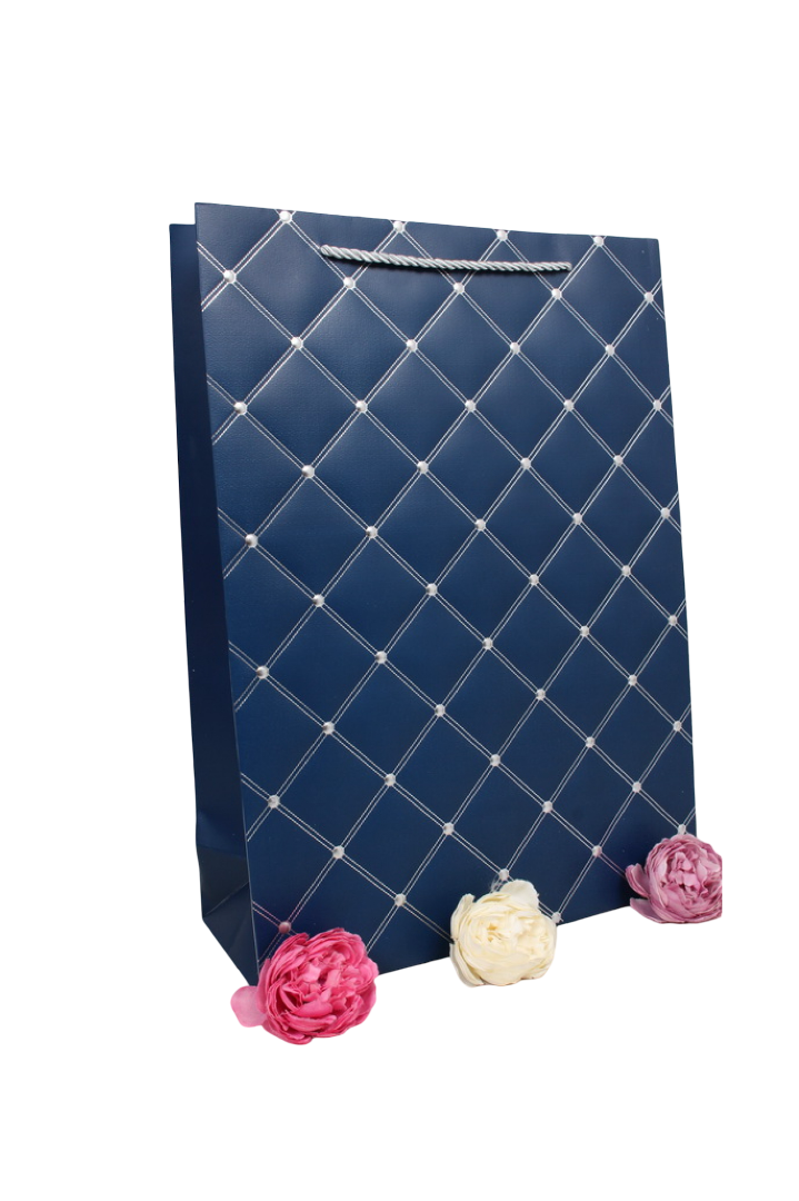 Paper Gift Bag Quilted Design Navy Blue / White Color 26x32x12