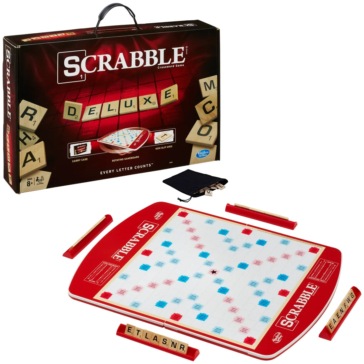 Hasbro Gaming Scrabble Deluxe Edition Word Game – Rotating Board & Carrying Case, 2–4 Players, Ages 8+