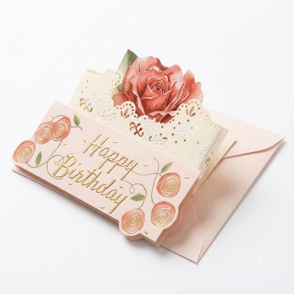 Happy Birthday Rose Flower Bouquet Pop-Up Card 3D Greeting Card with Envelope