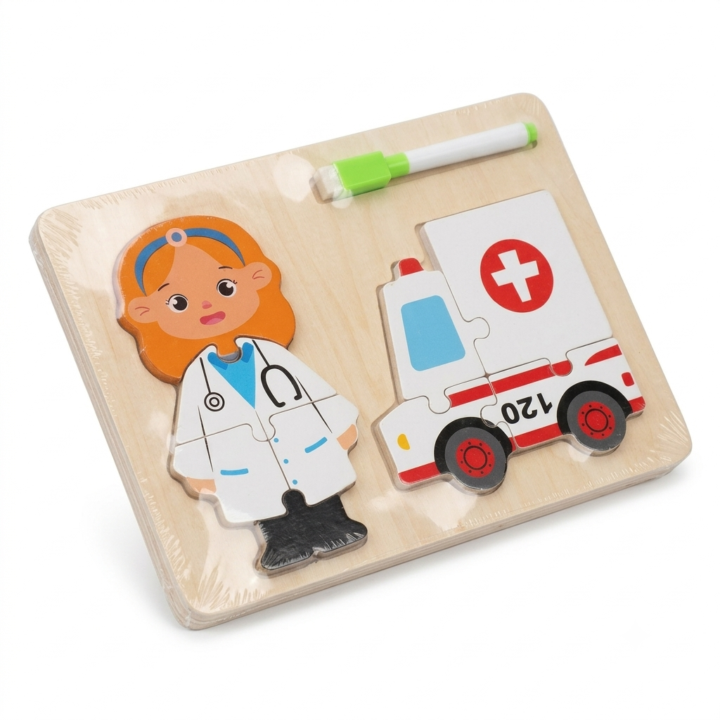 Doctor and Ambulance Wooden Puzzle with Pen Educational Toy for Kids