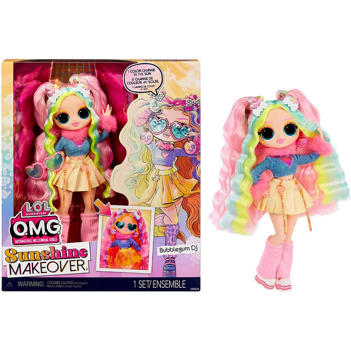 LOL Surprise OMG Sunshine Makeover Fashion Doll - BUBBLEGUM DJ - Includes UV Colour Change in the Sun, Multiple Surprises, and Fabulous Acce