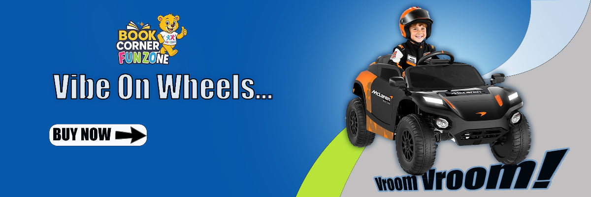 Promotional banner with a child driving a toy car, featuring text and branding elements.