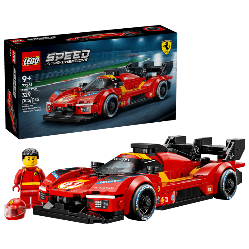 LEGO Speed Champions Ferrari 499P 77261 building kit with 329 pieces, driver minifigure, and Michelin tires