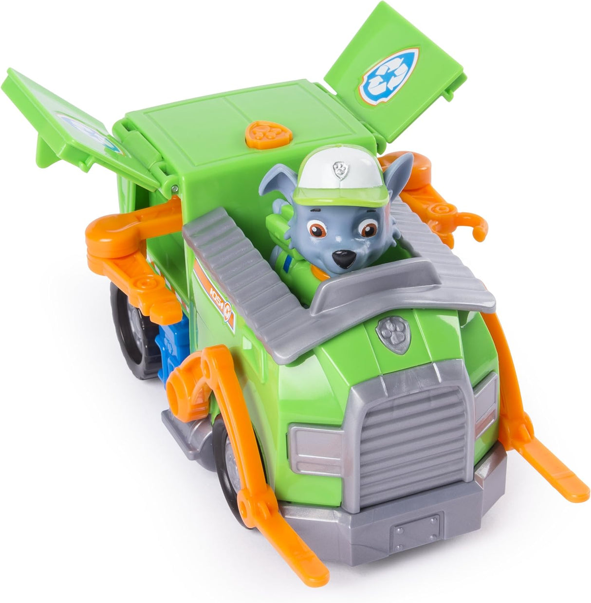 PAW Patrol Rocky’s Transforming Recycle Truck with Pop-out Tools and Moving Forklift for Ages 3 and up
