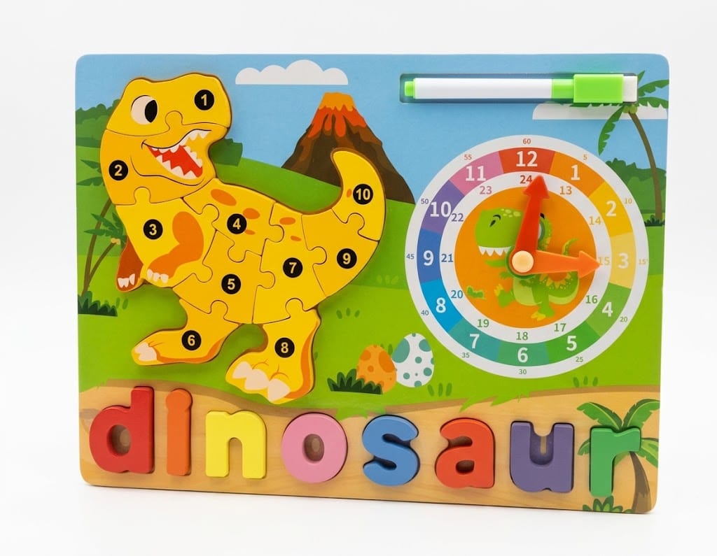 Dinosaur Wooden Jigsaw Puzzle Toy with Clock