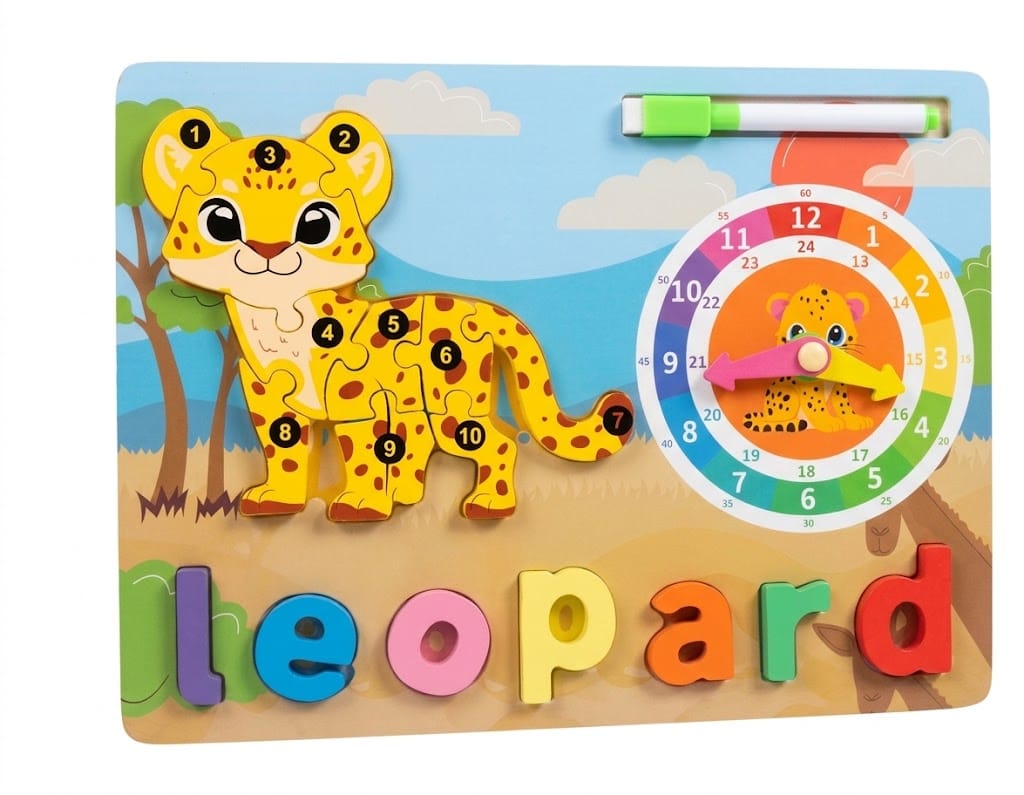 Leopard Wooden Jigsaw Puzzle Toy with Clock – Educational Learning Toy for Kids