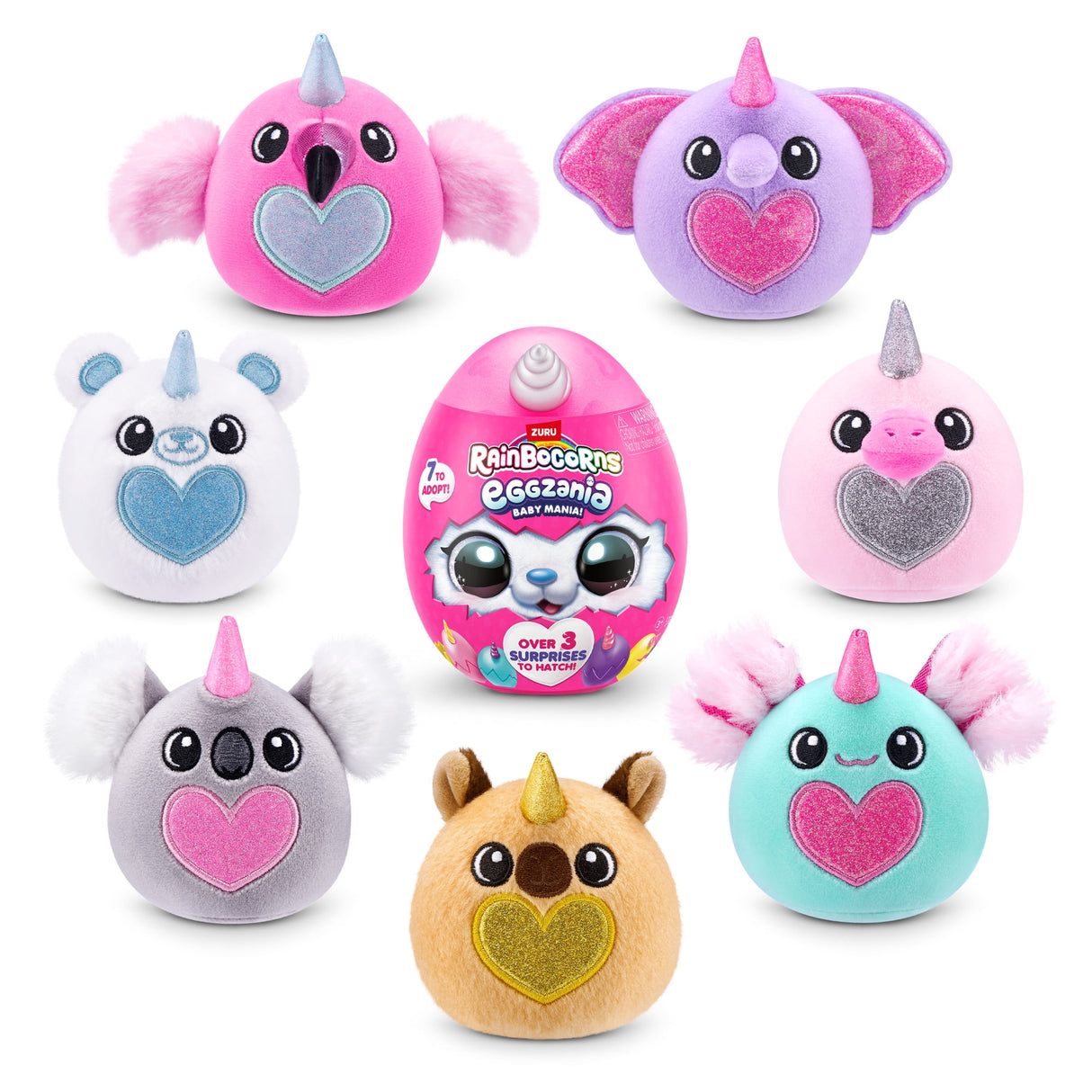 Rainbocorns Baby Eggzania S1 (Assorted) - Adorable Mini Plush Surprise Egg with Glitter Hearts and 7 Collectibles - Assorted