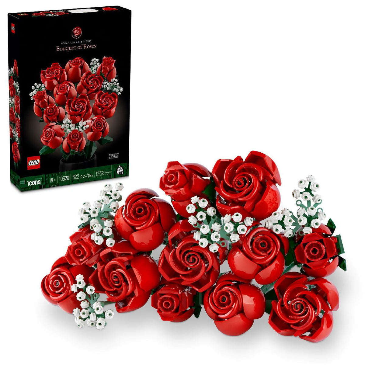 LEGO Botanicals Bouquet of Roses 10328 building kit with 12 red roses in bloom stages and baby's breath sprigs