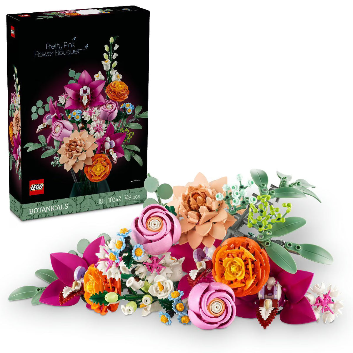 LEGO Botanicals Pretty Pink Flower Bouquet 10342 building kit with 15 adjustable flower stems including roses, orchids, and daisies