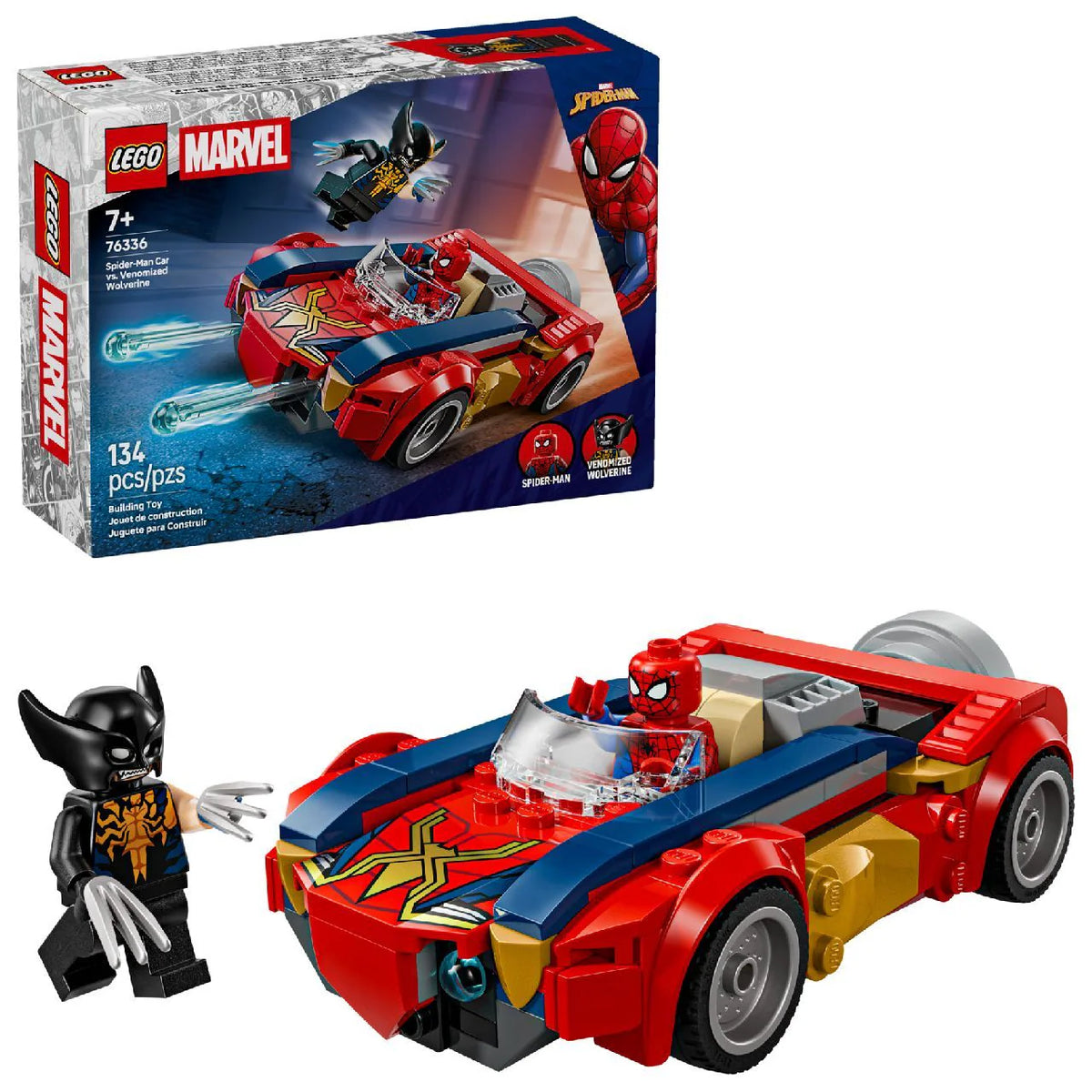 LEGO Marvel Spider-Man Car vs. Venomized Wolverine 76336 building kit with 134 pieces, Spider-Man and Venomized Wolverine minifigures, and spring shooters