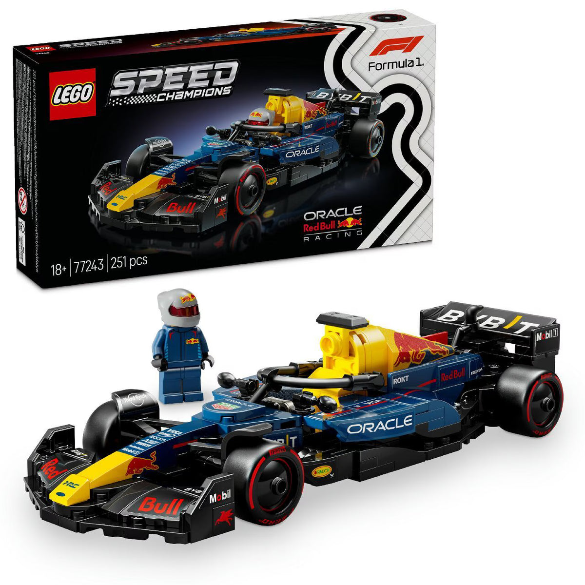 LEGO Speed Champions Oracle Red Bull Racing RB20 F1 Race Car 77243 building kit with 251 pieces, driver minifigure, and authentic Pirelli tires